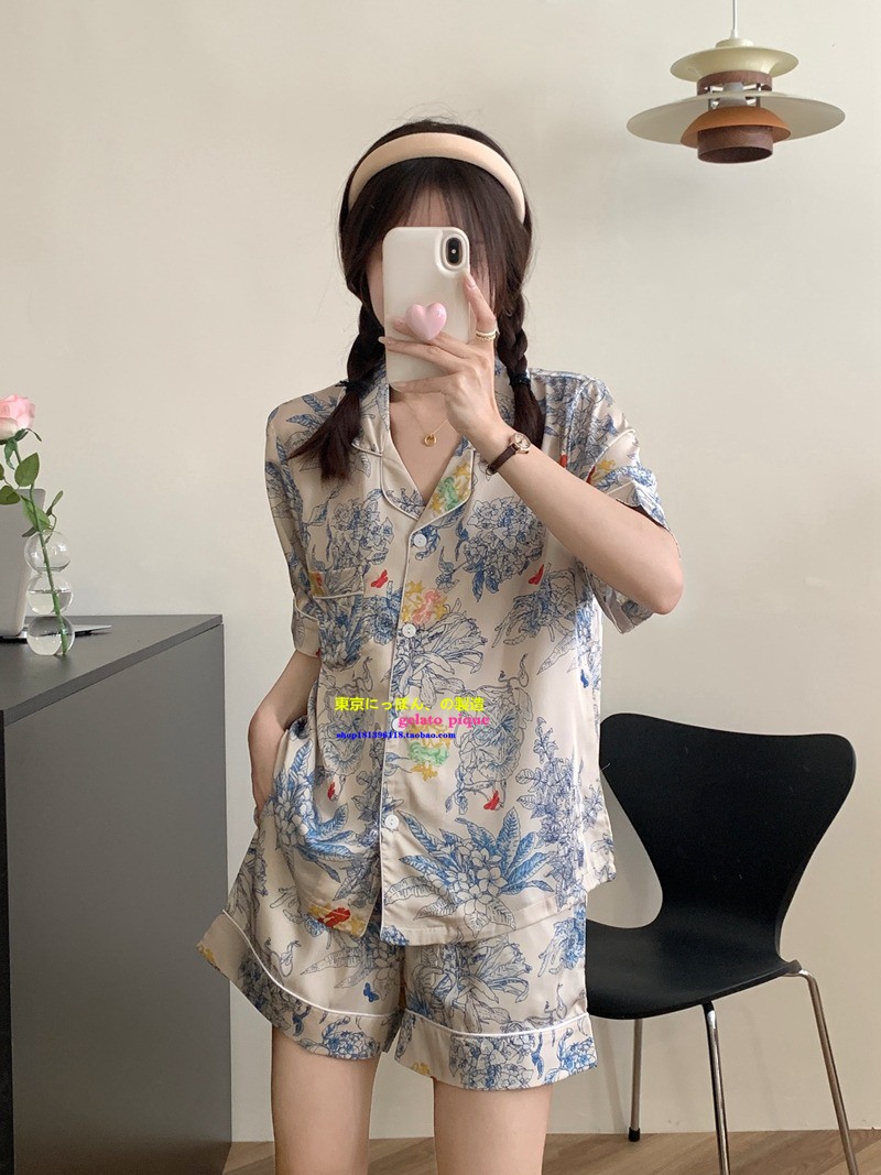 正品GP pique夏季睡衣女莫奈花高级感真丝绸花卉家居服短袖套装薄 - 图3