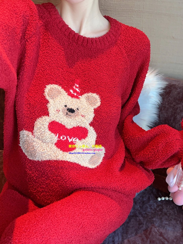 Home秋冬季软绵绵睡衣女士红色结婚可爱小熊珊瑚绒保暖家居服套装