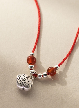 925银复古长命锁银珠转运玛瑙国风项绳送闺蜜