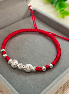 925纯银幸运锦鲤小鱼红绳手链
