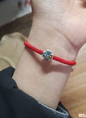 999足银复古滴胶幸运四叶草手绳情侣闺蜜款复古时尚潮流手链