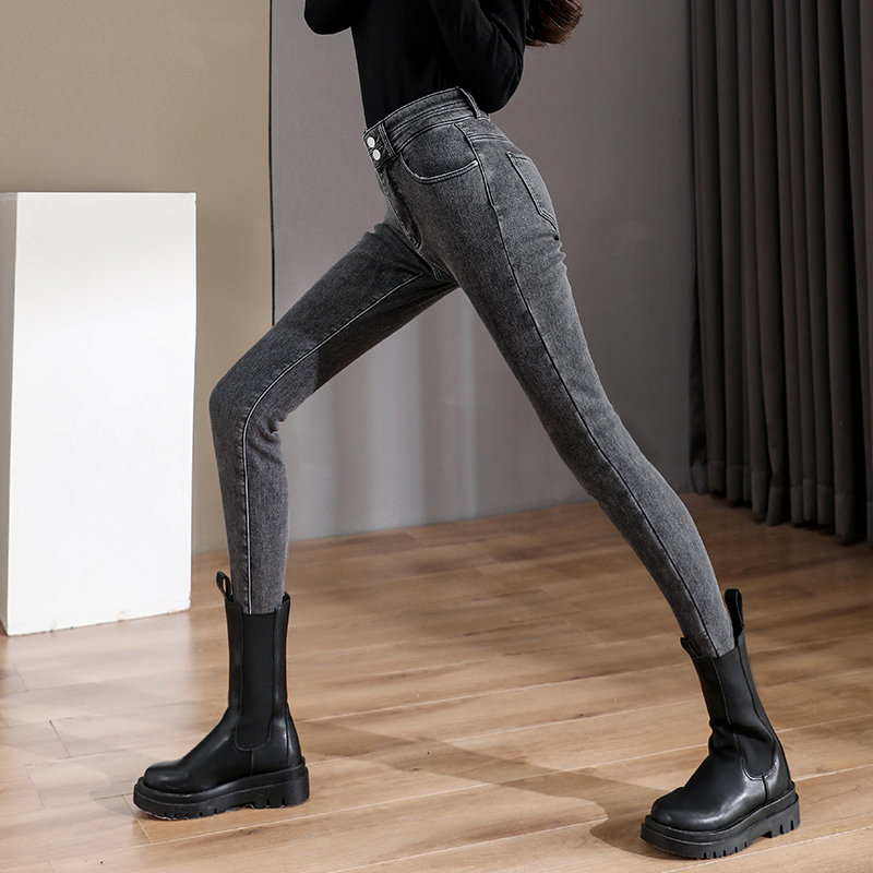 黑色修身牛仔裤女2023年秋冬装新款高腰显瘦加绒小脚紧身铅笔裤子