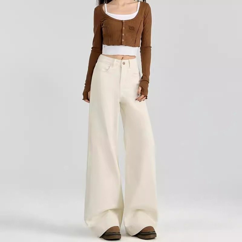 弹力白色牛仔裤女2024新款秋冬加绒加厚显瘦宽松阔腿垂感拖地裤子,淘宝优惠券,粉丝福利购,淘宝优惠卷