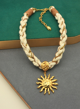夏季佩戴项链波西米亚编织太阳花吊坠锁骨链夸张小众配饰新款高级
