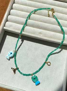 中餐厅姜妍同款绿色小鱼串珠项链度假风锁骨链颈链2025新款颈链女