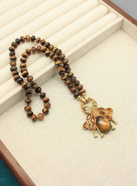 中古饰品天然虎眼石新款项链复古蜜蜂项链吊坠可拆卸毛衣链女配饰