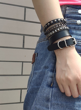 暗黑捆绑朋克摇滚套装组合皮手链