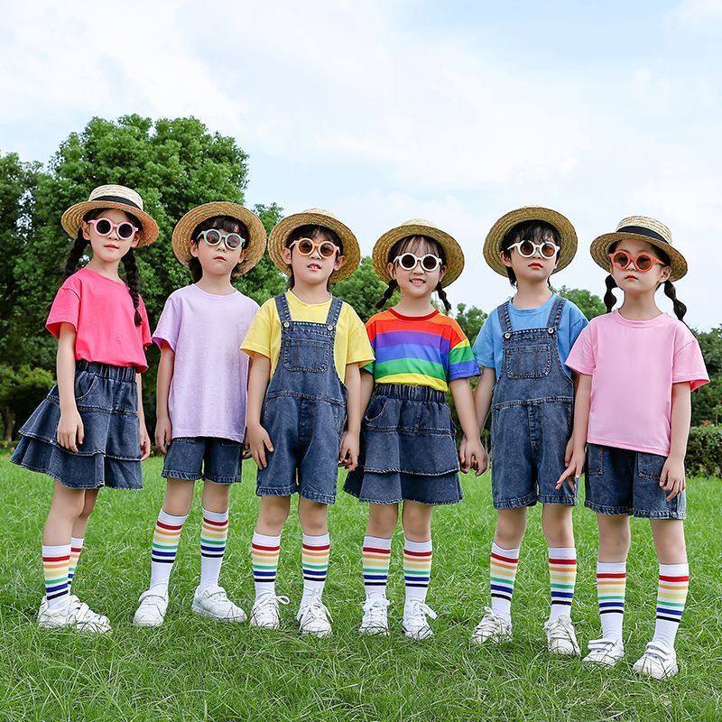 七彩短袖男女牛仔背带裤短糖果色演出服裙啦啦队表演儿童彩色t恤,淘宝优惠券,粉丝福利购,淘宝优惠卷