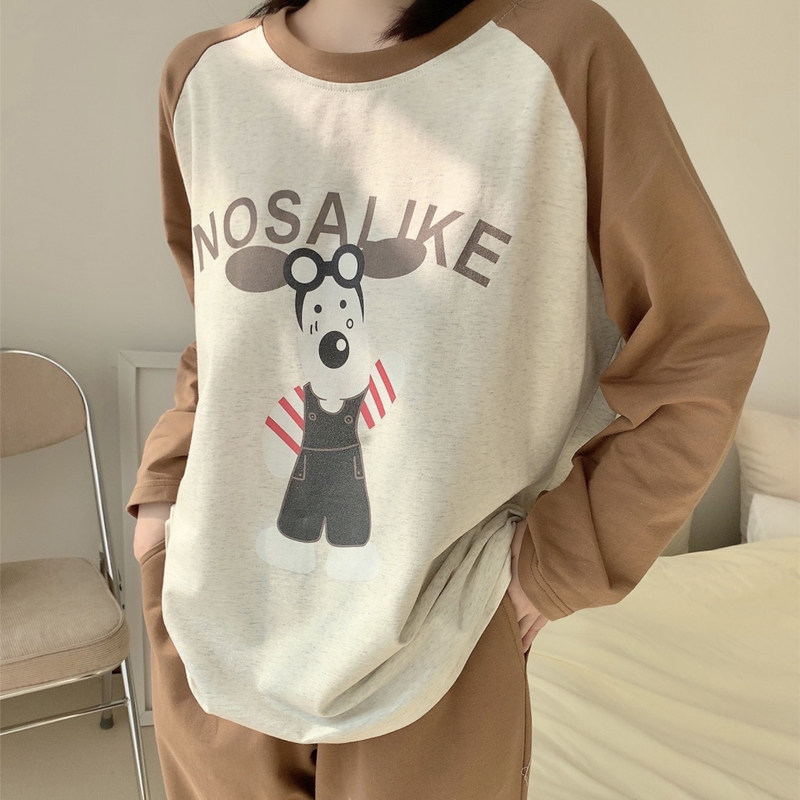 小狗拼色插肩睡衣女春秋季纯棉长袖卡通可爱宽松ins可外穿家居服,淘宝优惠券,粉丝福利购,淘宝优惠卷