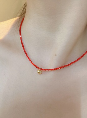 百搭显白红色水晶球球串珠项链配饰女高级感气质叠戴锁骨链颈链