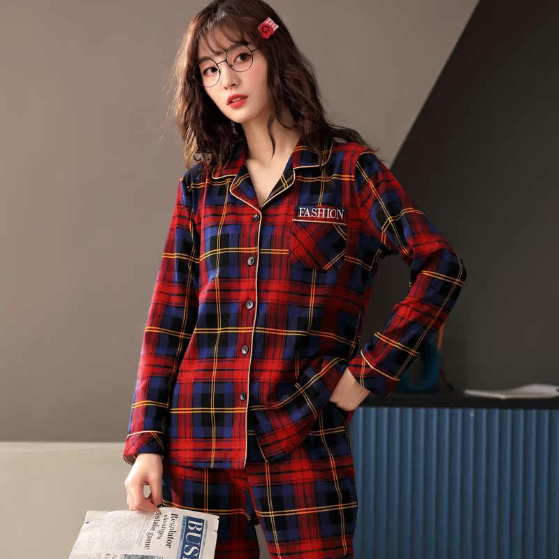 春秋款纯棉长袖可外穿格子居家睡衣 繁花浪漫服饰睡衣/家居服套装