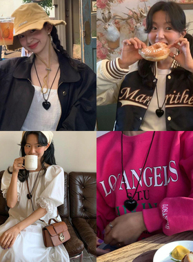 皮质黑色爱心长款毛衣链女