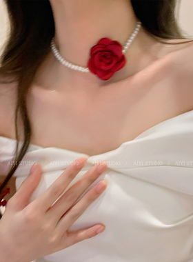 轻奢小众玫瑰花朵珍珠项链女款