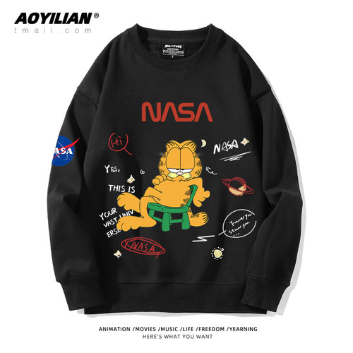 NASA联名加菲猫动漫长袖圆领卫衣男女加绒冬春宽松情侣外套潮上衣 - 图0
