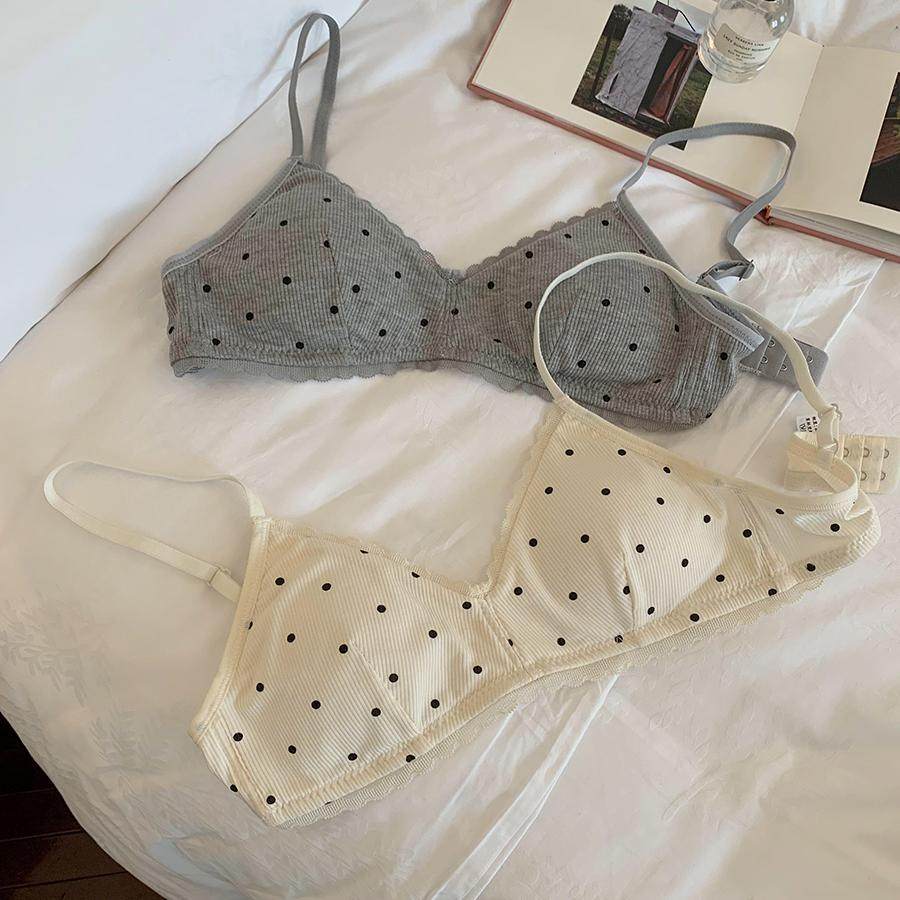 馨帮帮Bra 撞色波点螺纹小胸内衣女薄款舒适亲肤透气三角杯文胸罩,淘宝优惠券,粉丝福利购,淘宝优惠卷