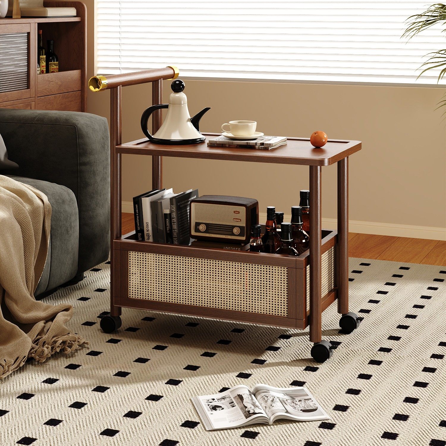 家用沙发边几中古风小茶几高级感边桌客厅实木小推车可移动带轮,淘宝优惠券,粉丝福利购,淘宝优惠卷