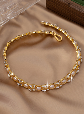 复古珍珠高级气质温柔vintage铜镀真金颈链项链