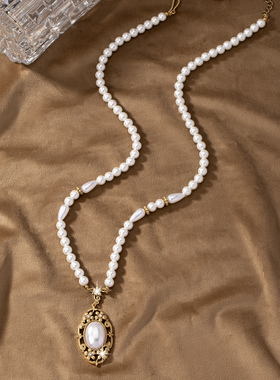 vintage法式宫廷风珍珠琉璃复古赫本风镶嵌打标毛衣链