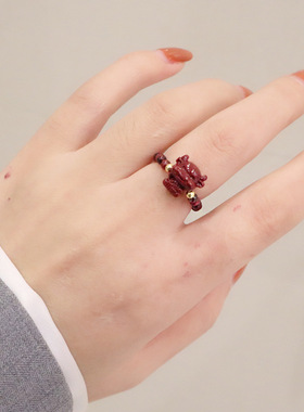 天然石榴石紫金砂朱砂女花朵戒指