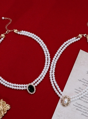 欧美晚会双层旗袍礼服珍珠项链