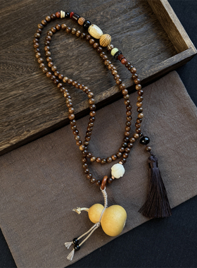 新中式天然葫芦绿檀木珠斜挎链