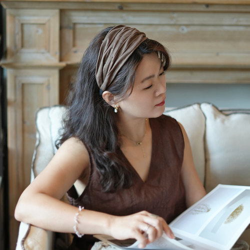 夏季淡人高知穿搭日系亚麻钉珠宽边发箍女高级感老钱风遮白发头箍 - 图0