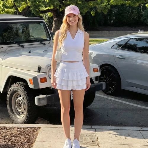运动网球裙女Polo领无袖背心短款蛋糕裙打底裤防走光网球套装白色 - 图3