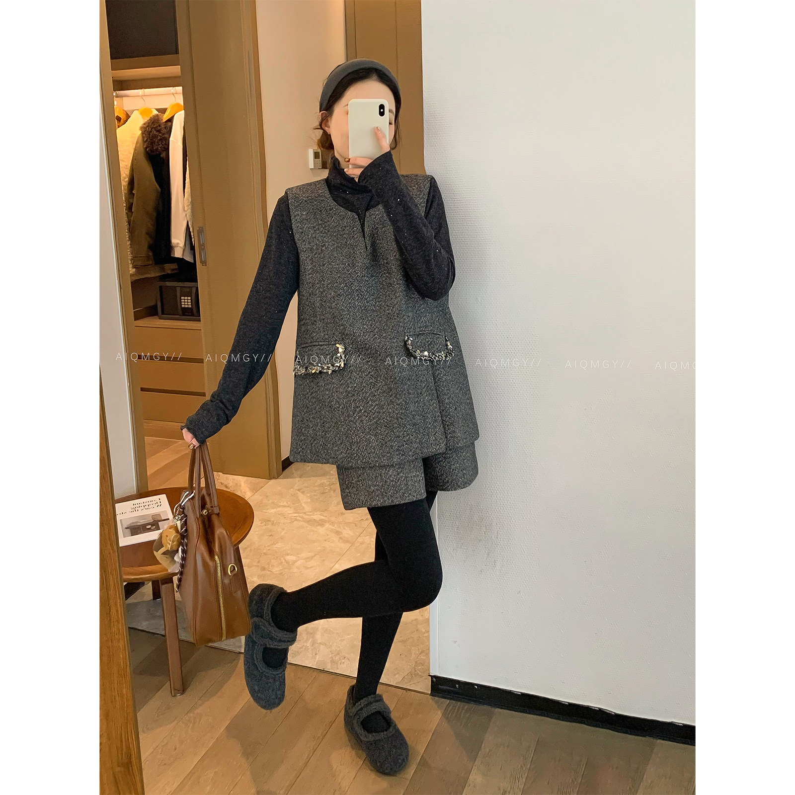 爱情魔鬼鱼 灰色时尚套装女2025冬季新款马甲背心阔腿短裤两件套,淘宝优惠券,粉丝福利购,淘宝优惠卷