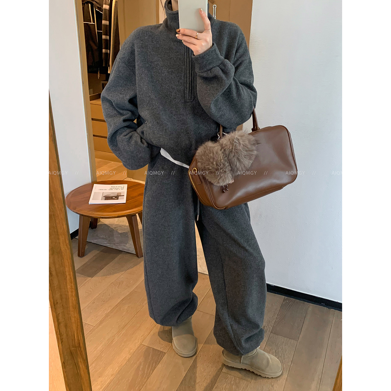 爱情魔鬼鱼 条纹两件套装女2025冬季新款半拉链上衣宽松阔腿长裤,淘宝优惠券,粉丝福利购,淘宝优惠卷