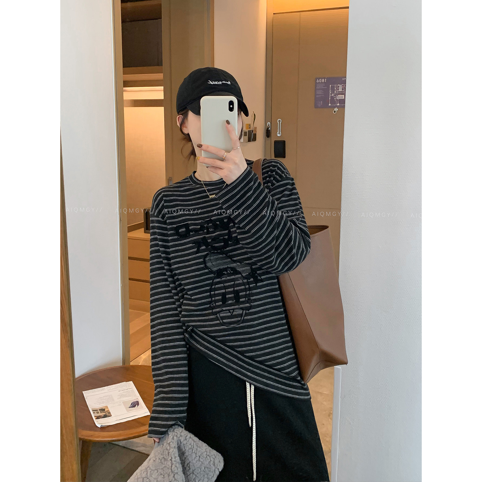 爱情魔鬼鱼 条纹字母卡通长袖T恤女2025秋冬新款慵懒风中长款上衣,淘宝优惠券,粉丝福利购,淘宝优惠卷