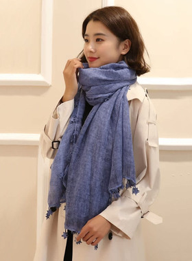 五角星棉麻围巾女春秋冬季薄款