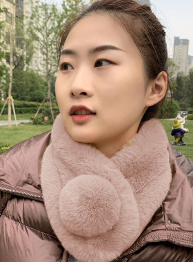 冬季皮草围巾毛毛围脖女仿獭兔毛围巾三管球围脖韩版加厚真毛脖套