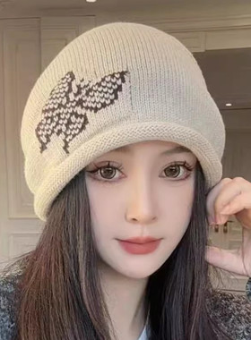 原创蝴蝶卷边堆堆帽护耳保暖帽子显脸小百搭包头帽子女潮冷帽