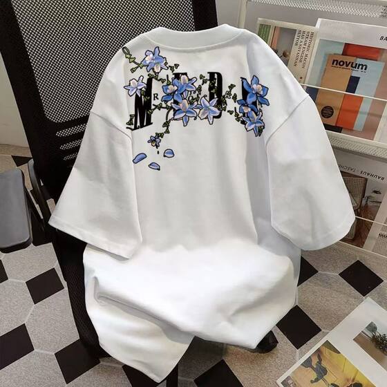 White heavy short-sleeved T-shirt for men and women in summer round neck loose trendy brand ins printed top student versatile T-shirt