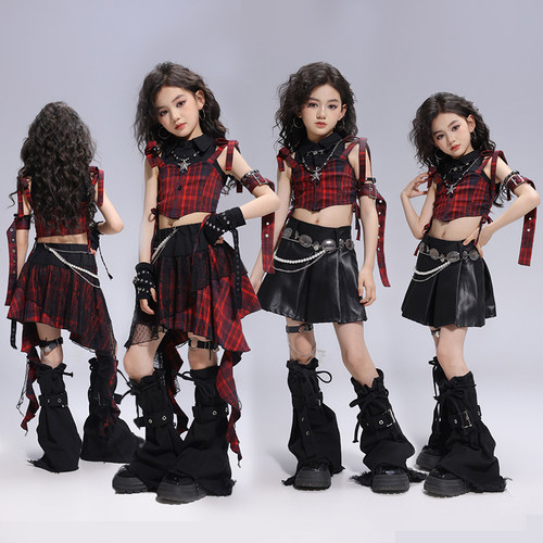 泫雅风女孩街舞演出服套装女童嘻哈格子半裙JAZZ表演爵士舞练功服 - 图0