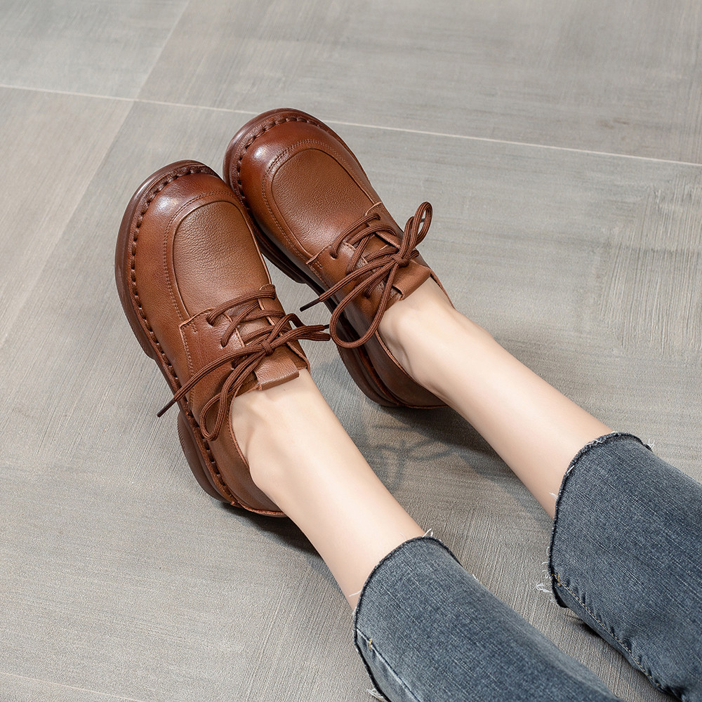 春达系带乐福鞋女春秋新款英伦风小皮鞋真皮平底单鞋中年妈妈鞋子,淘宝优惠券,粉丝福利购,淘宝优惠卷