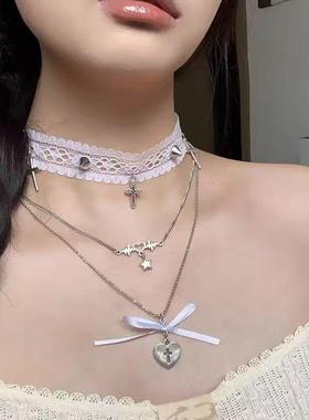 芭蕾风纯欲蕾丝双层叠戴项链甜酷辣妹高级轻奢小众设计锁骨链颈链