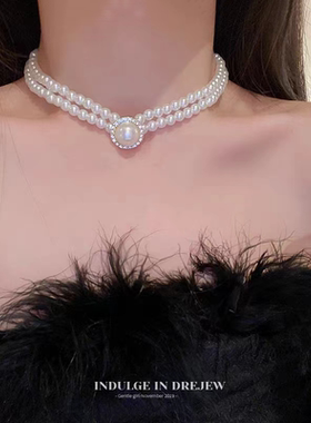 双层珍珠项链轻奢小众设计感2023年新款夸张气质锁骨链choker颈链