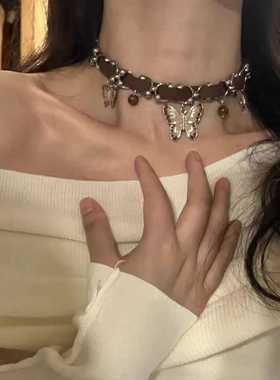 复古高级感重工棕色小众皮革项链