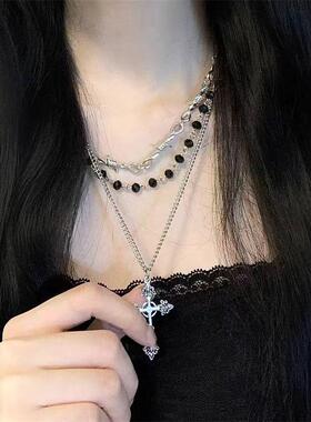 朋克甜酷辣妹暗黑十字架项链女时尚个性多层叠戴锁骨链哥特choker