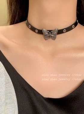 Y2K甜酷辣妹蝴蝶项链女暗黑风小众设计感朋克choker颈链皮革项圈