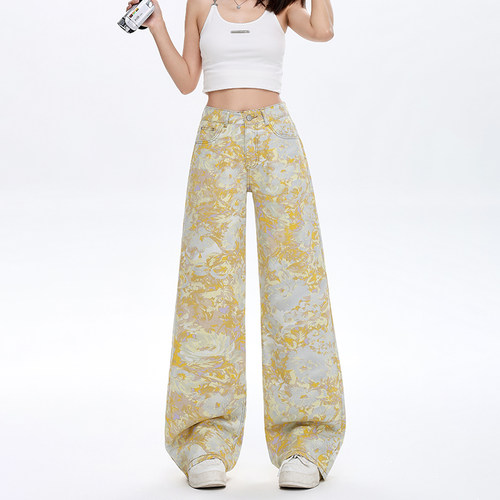 复古扎染彩绘印花牛仔裤女夏季2025新款高腰显瘦休闲阔腿裤拖地裤 - 图1