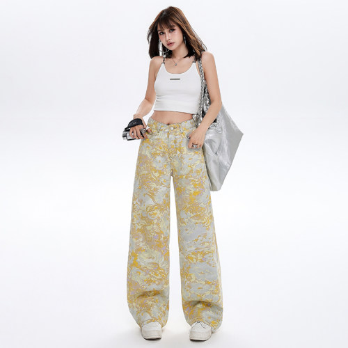 复古扎染彩绘印花牛仔裤女夏季2025新款高腰显瘦休闲阔腿裤拖地裤 - 图0