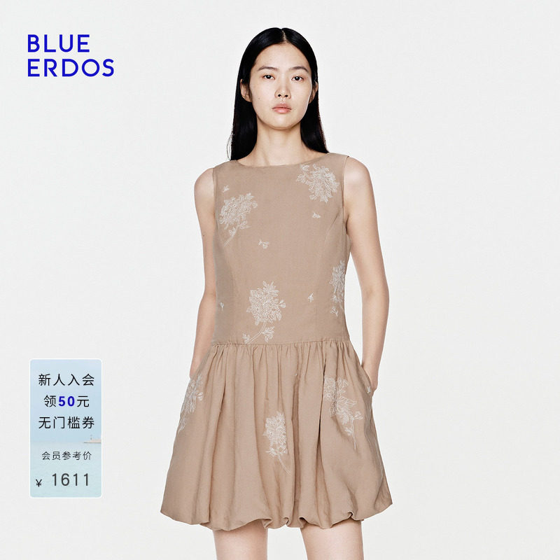 BLUE ERDOS2026夏季新品温柔气质一字领花卉刺绣轻熟风无袖连衣裙