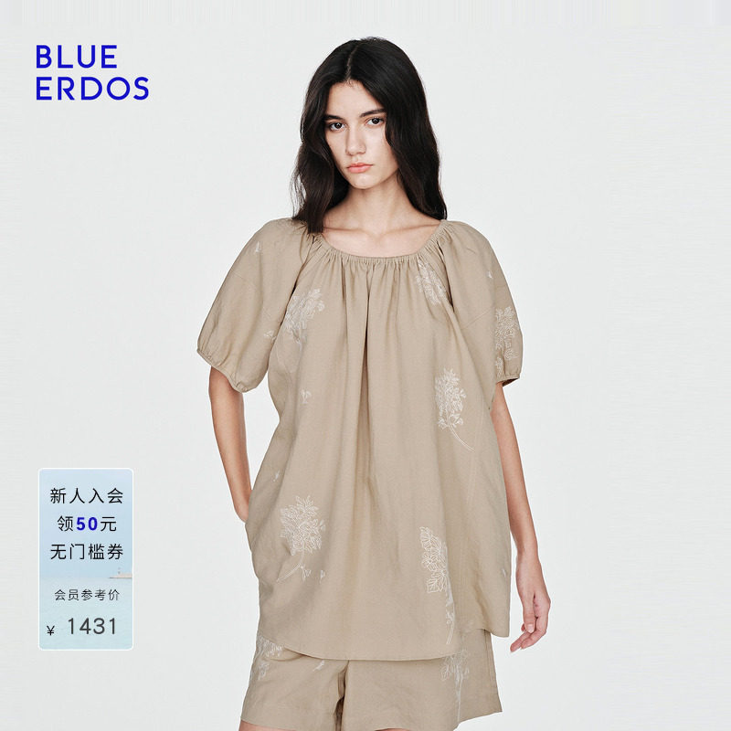 BLUE ERDOS2026夏季新品简约通勤一领两穿廓形刺绣圆领短袖上衣女