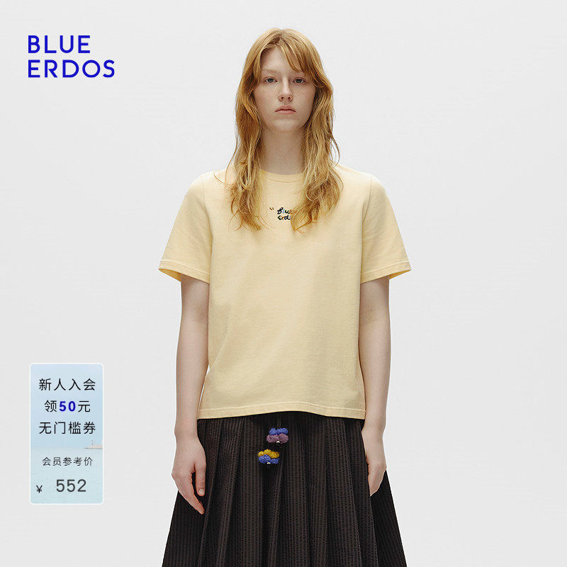 BLUE ERDOS 夏季新品气质简约奶油黄正肩刺绣T恤B256H1006