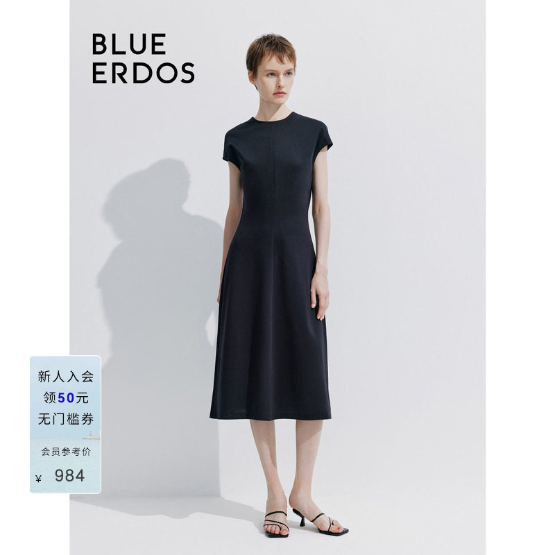 BLUE ERDOS 新款简约圆领纯色中长款短袖连衣裙B245D7029