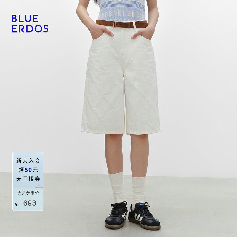 【100%棉】BLUE ERDOS春季新品复古提花工艺白色牛仔中裤五分裤