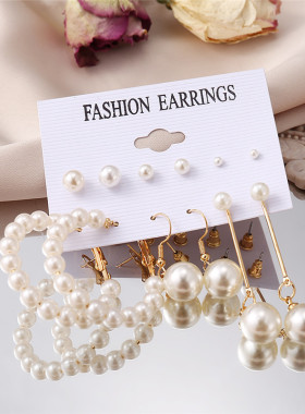 Women's long tassel pearl earrings three piece set珍珠耳环