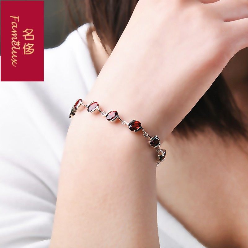 天然红石榴石女925银镶彩色手链 名侈手链